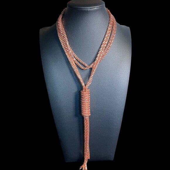 Rose Gold Tone Mesh Lariat Necklace/Hoop Earrings Set Boho Statement Elegant - Picture 11 of 11